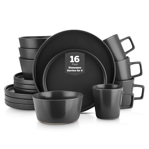 Stone Lain Celina Stoneware 16 Piece Modern Dinnerware Set, Plates and Bowls, Black Matte, Service for 4, Microwave & Dish...