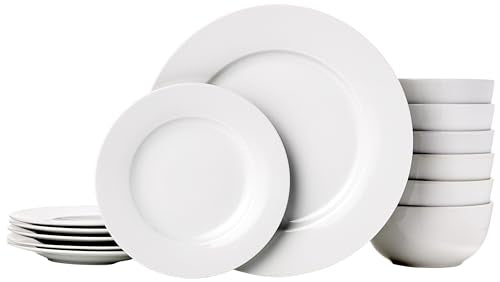 Amazon Basics Kitchen Dinnerware Set, Microwave and Dishwasher Safe, Plates, Bowls, Service for 6, 18-Piece, White