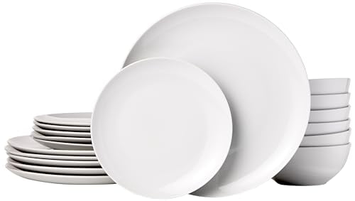 Amazon Basics Dinnerware Set, Microwave and Dishwasher Safe, Service for 6, 18-Piece Complete Kitchen, Plates, Dishes, Bow...