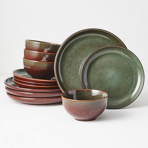 Pokini Stoneware Dinnerware Sets Service for 4, 12 pcs Reactive Glaze Plates and Bowls Sets, Handmade Ceramic Dish Set, Hi...