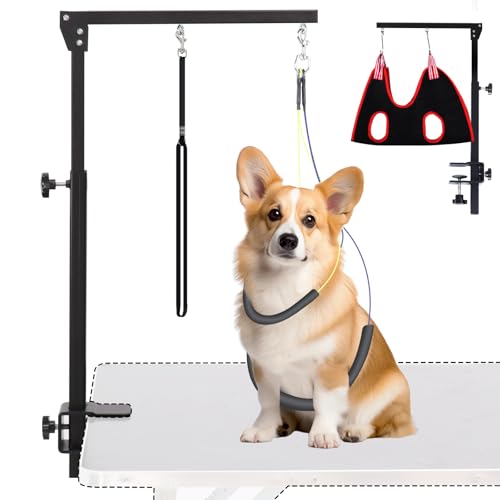 AGESISI Dog Grooming Arm with Clamp, Heavy Duty Pet Grooming Table Arm with Grooming Hammock, Loop Noose & Two No-Sit Haun...