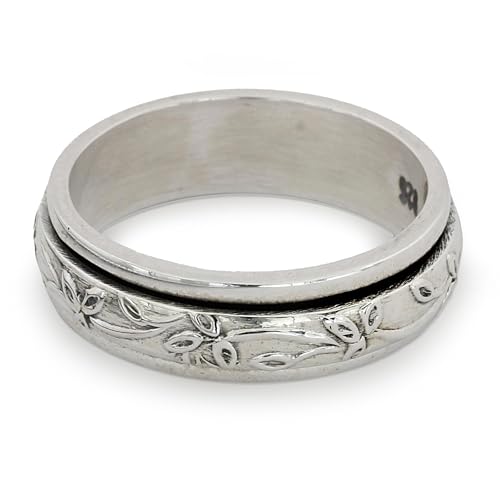 Novica Artisan Handmade .925 Sterling Silver Meditation Spinner Ring With Leaf Motifs From India Band Tree 'Spinning Leaves'