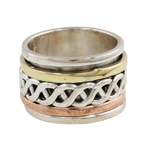 NOVICA Artisan Handmade .925 Sterling Silver Meditation Spinner Ring Copper Brass from India 'Spinning Braid'