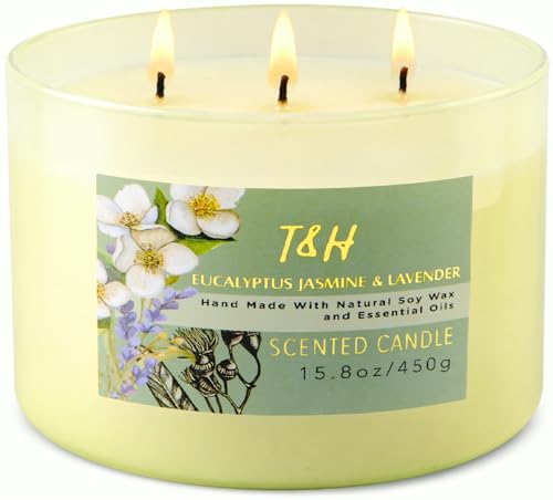 Eucalyptus Jasmine Lavender Scented Candle | 3 Wick Large Soy Candles for Home 15.8oz | Calming Spa Aromatherapy Candle | ...