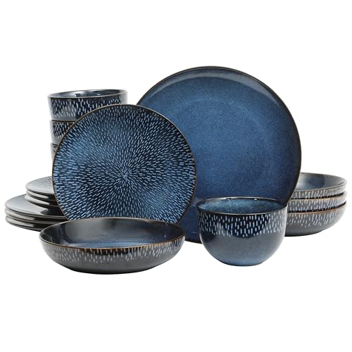 Gibson Elite Matisse 16-Piece Dinnerware Set – Double Bowl Reactive Glaze Cereamic Stoneware in Blue – Plates and Bowls Se...