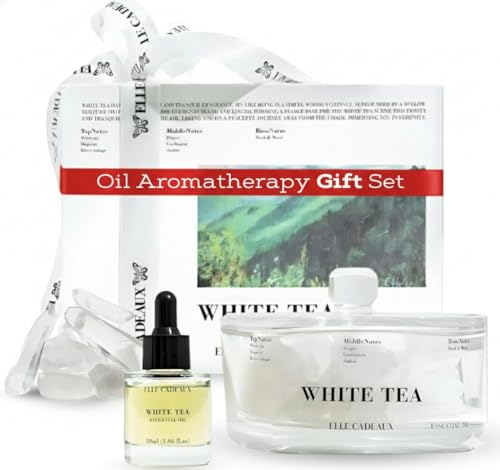 Elle Cadeaux - White Tea Crystal Oil Diffuser Set – Luxury Home Fragrance with Natural Crystal Stones, Aromatherapy Diffus...