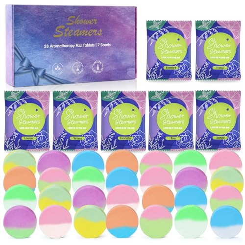 28 Pack Aromatherapy Shower Steamers, Individually Wrapped 7 Scents Bath Bombs,Natural Essential Oil Home SPA Self Care St...