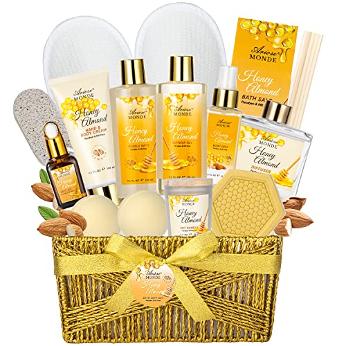 Bath & Body Gift Set, Luxury Home Spa Bath Gift Basket, Honey Almond Scented Bath Set, Pamper Gifts for Women & Teens, 15 ...