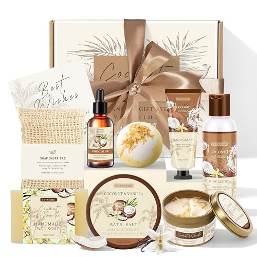 Gifts for Women Happy Birthday Gift Baskets, Bath and Body Gift Set Mothers Day Gifts, Vanilla Coconut Relaxing Home Spa S...