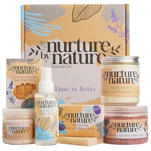 NURTURE BY NATURE Relax & Calm Christmas Gift Basket – Spa Gifts for Women with Bath Bomb, Hand Cream, Lavender Pillow Mis...