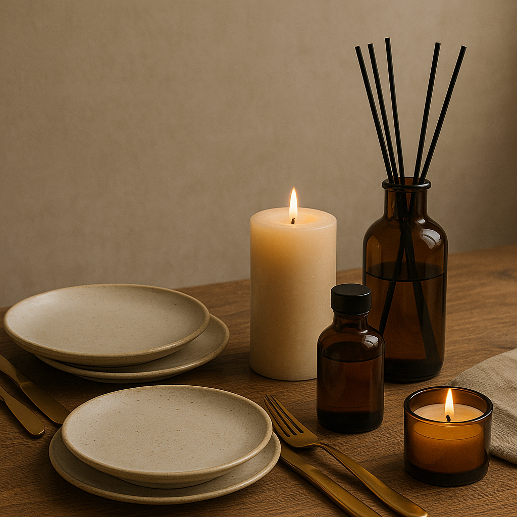 “luxury pet area with ceramic feeding bowls, linen mat, and small dog in stylish carrier”