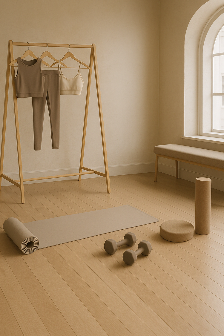 woman wearing minimalist luxury activewear doing yoga poses in sunlit studio