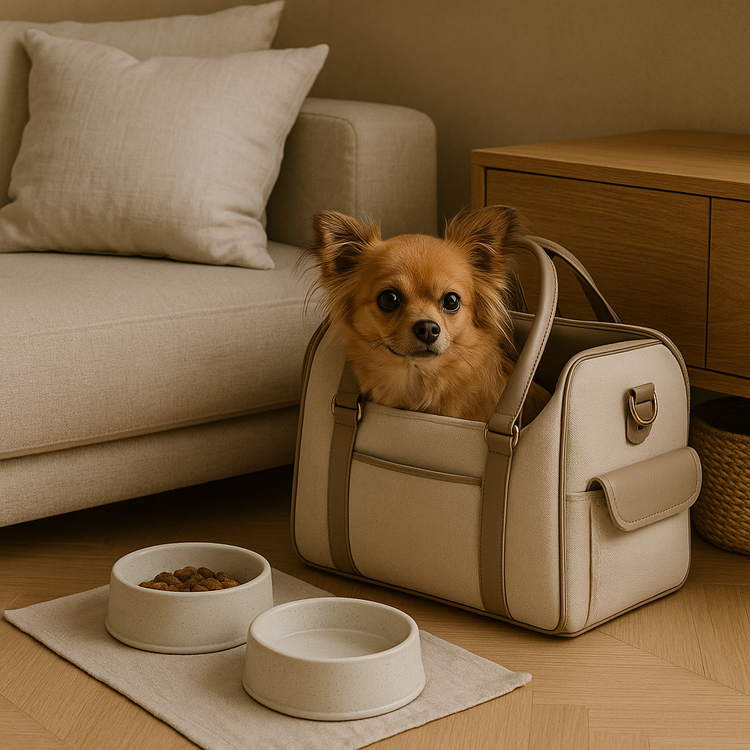 “luxury pet area with ceramic feeding bowls, linen mat, and small dog in stylish carrier”