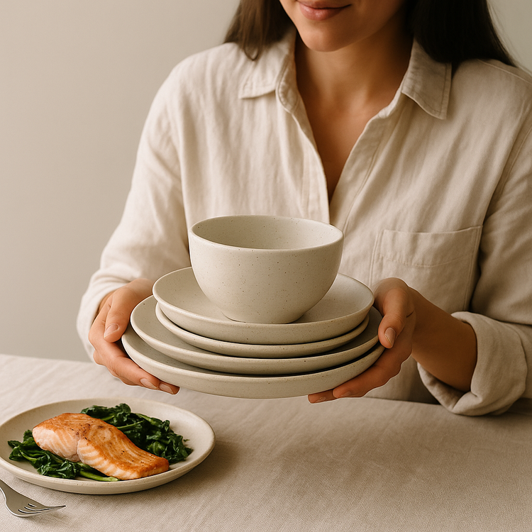 Hand-crafted ceramic plates and bowls with neutral glaze for modern California dining.