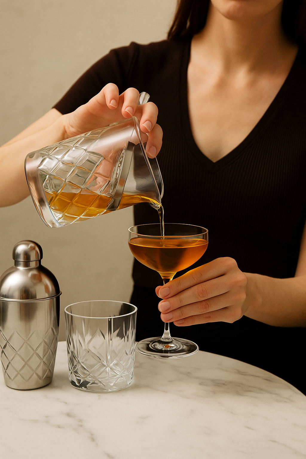 Crystal glass and gold-rim cocktail set for modern California home bar.