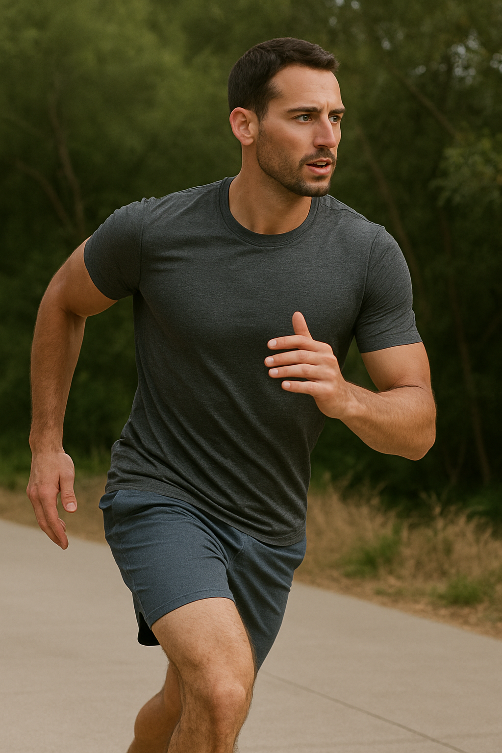 A man in fitted performance activewear training outdoors under natural light.