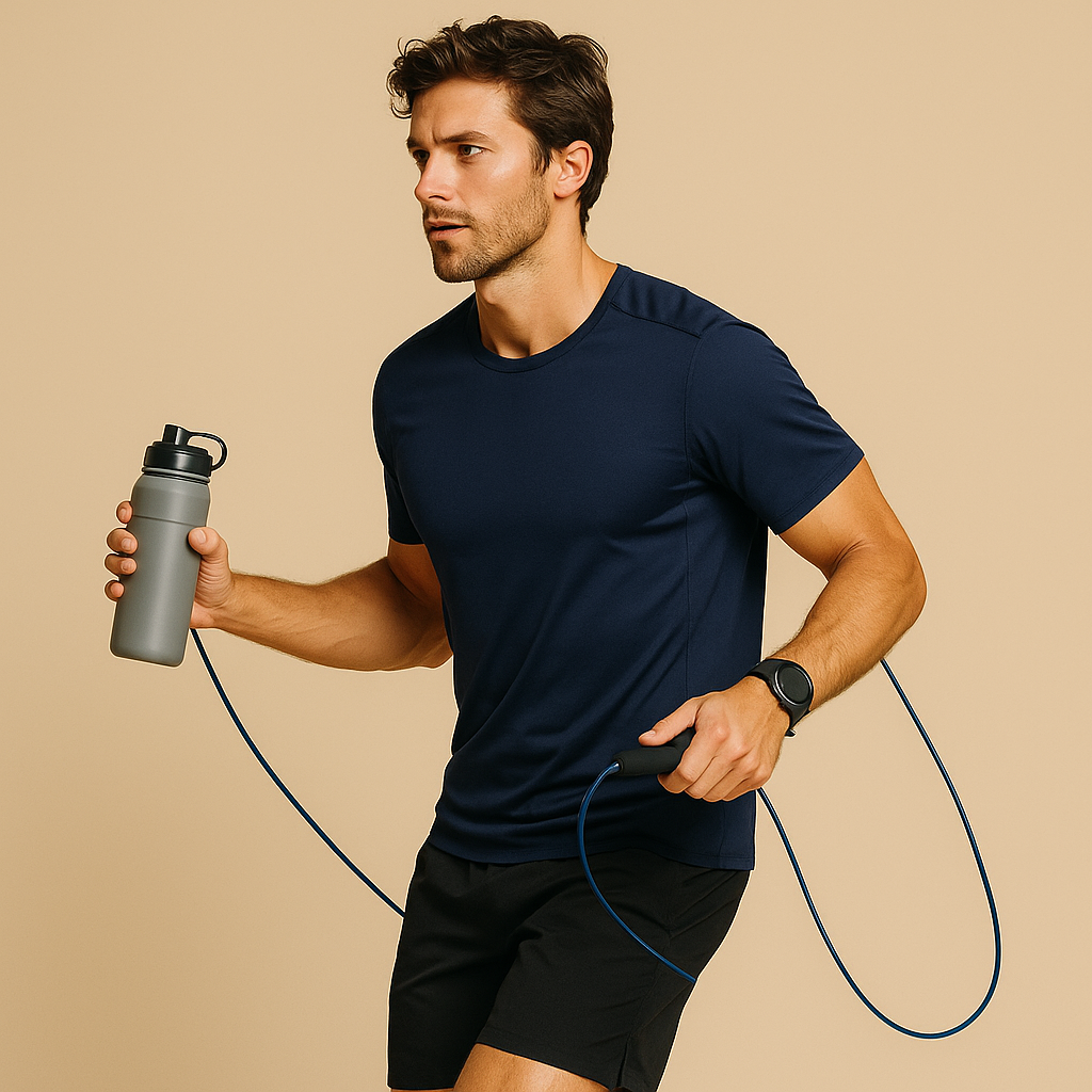 A flatlay of premium athletic accessories including resistance bands and bottles on a wooden surface.