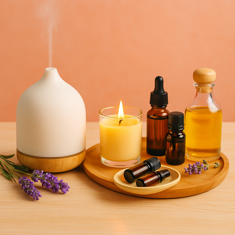 minimalist home spa setup with aroma diffuser, burning candle, and essential oils on wooden tray
