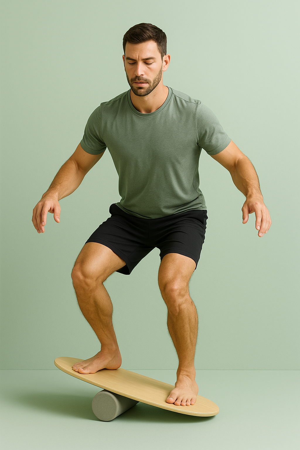 A person using a foam roller in a bright minimalist fitness studio.