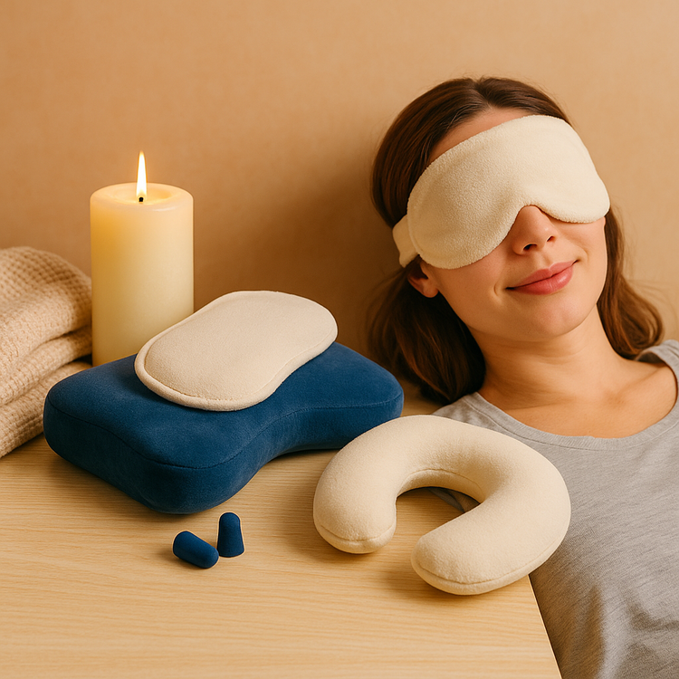 bedroom with linen bedding, silk eye mask, and lavender pillow mist beside candlelight