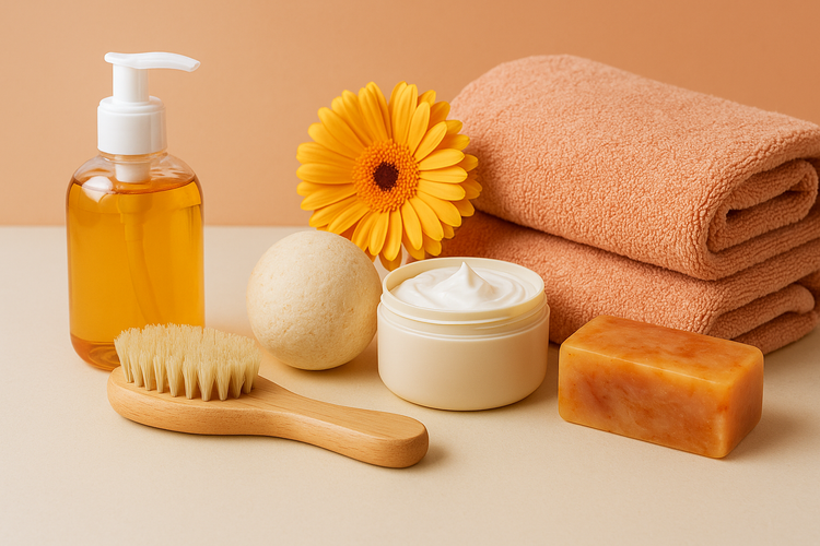 spa-inspired bathroom with bath salts, botanical soap, and body oil bottles on wooden tray