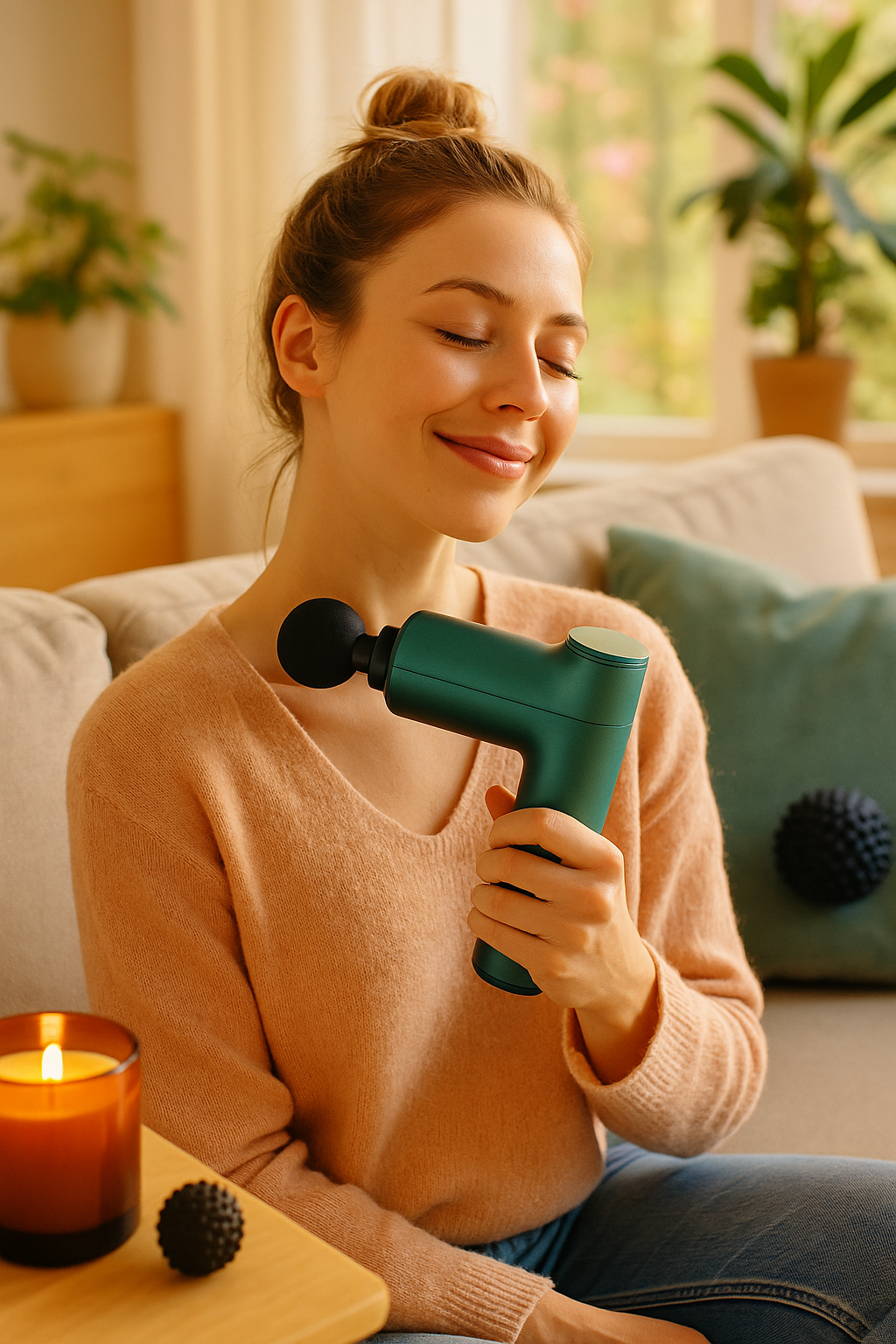 A person using an elegant handheld massage roller on their shoulder in a bright, minimalist California-style home spa. Soft natural light highlights the sleek design of the massage tool and the calm, relaxing atmosphere