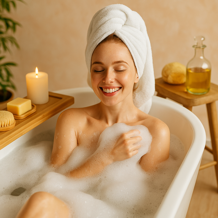 A serene bathroom scene with a person relaxing in a warm bath surrounded by candles, eucalyptus branches, and glass bottles of essential oils. Soft steam and natural light create a luxurious spa-like atmosphere at home.