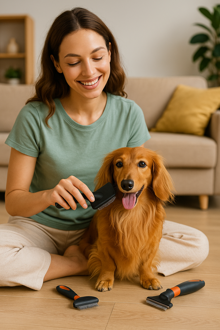 A person brushing their golden retriever with a soft silicone pet brush in warm daylight, surrounded by natural grooming products