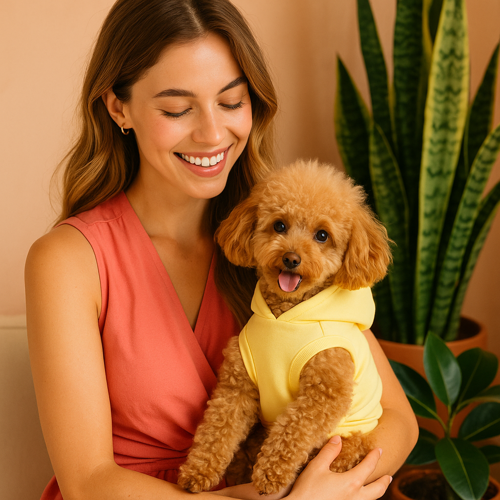 A person brushing their golden retriever with a soft silicone pet brush in warm daylight, surrounded by natural grooming products.