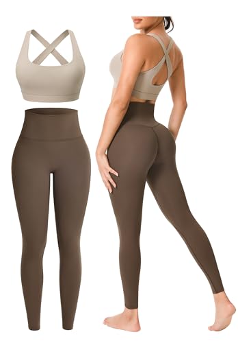 Workout Sets for Women 2 Piece Seamless High-Waisted Leggings & Cross Back Padded Sports Bra for Yoga Pilates