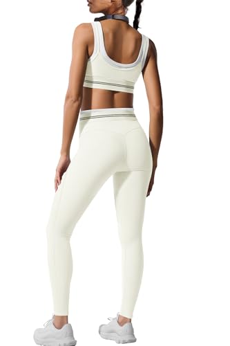 Panadila Womens Yoga Set 2 Piece Outfits Striped Workout Set Gym Matching Sports Bra and High Waist Leggings Activewear