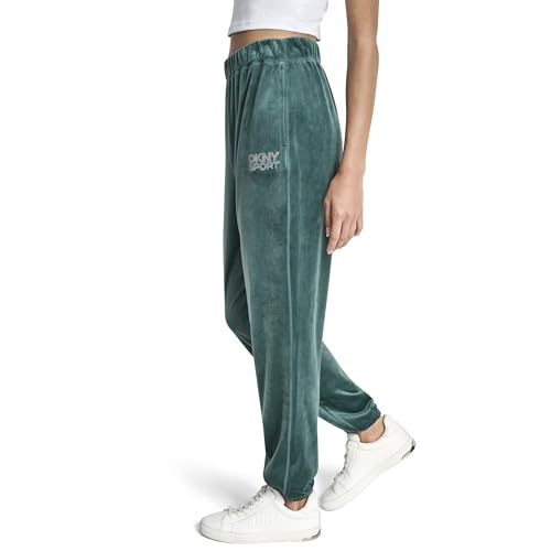 DKNY Womens High Rise Relaxed Cuff Rhinestone Logo Novelty Velour Sweatpant