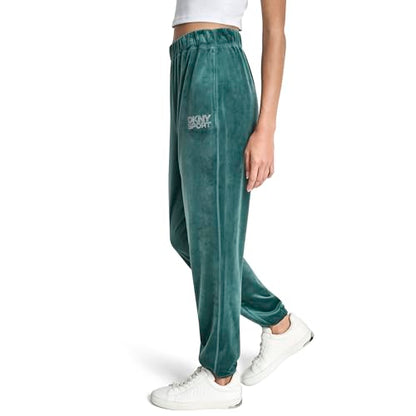 DKNY Womens High Rise Relaxed Cuff Rhinestone Logo Novelty Velour Sweatpant
