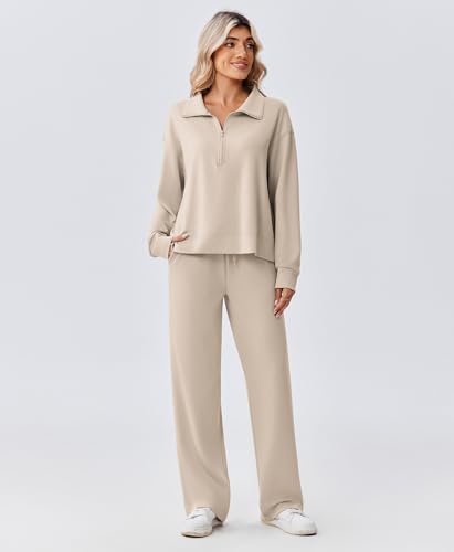 PINSPARK 2 Piece Sets for Women 1/2 Zip Sweatsuit Loose Fit Sweatshirt Straight Leg Pants 2025 Matching Outfit Fall Tracksuit