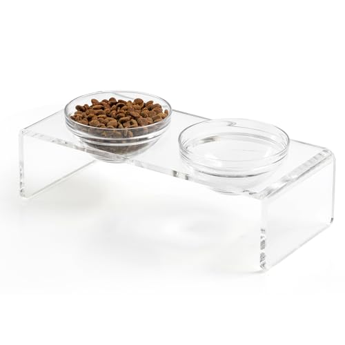 Feoyoho Elevated Acrylic Pet Bowl Stand – Raised Cat & Dog Bowls with 2 Glass & 2 Stainless Steel Bowls, Modern Clear Desi...