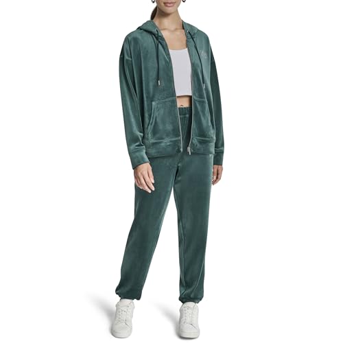 DKNY Womens High Rise Relaxed Cuff Rhinestone Logo Novelty Velour Sweatpant