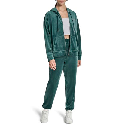 DKNY Womens High Rise Relaxed Cuff Rhinestone Logo Novelty Velour Sweatpant