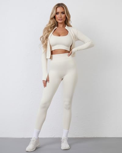 Simlakey Women 3 Piece Seamless Workout Set Sports Bra High Waisted Gym Yoga Leggings Zip Up Jacket with Thumbhole Activewear