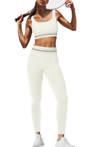 Panadila Womens Yoga Set 2 Piece Outfits Striped Workout Set Gym Matching Sports Bra and High Waist Leggings Activewear