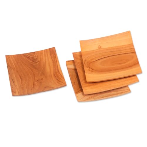 NOVICA Artisan Handmade Teak Wood Plates Square from Bali Set of 4 Brown Indonesia Tableware Dinnerware Dessert Natural Ma...