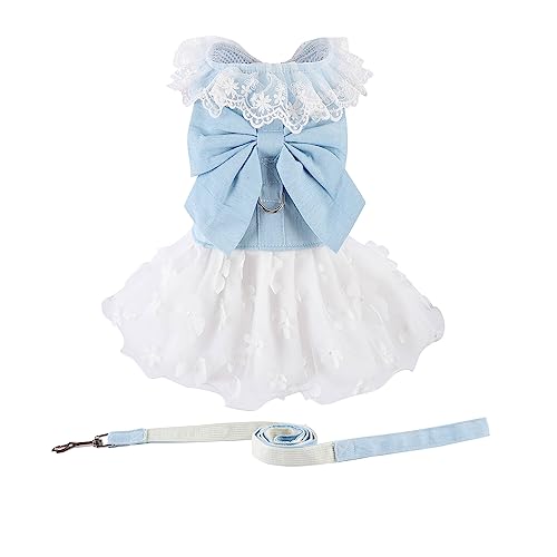 Dog Denim Dress with Leash Ring, Puppy Bowknot Lace Mesh Princess Skirt for Small Pet Fashion Clothes(Light Blue,X-Small)