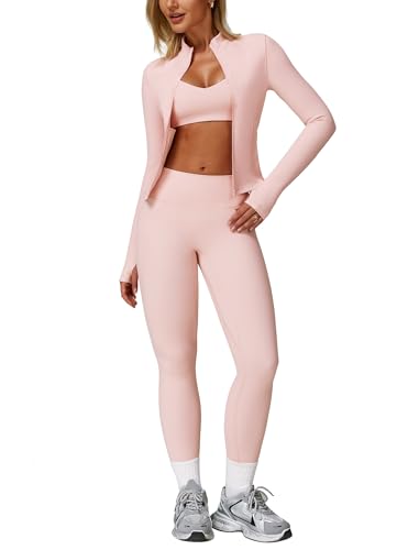 Workout Sets for Women 3 Piece High Waisted Seamless Leggings Crop Top Jacket Gym Yoga Outfit Stretchy Sports Bra Sets