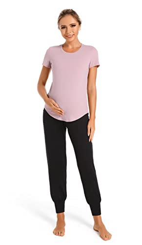 V VOCNI Women's Maternity Pants Maternity Activewear Jogger Track Cuff Sweatpants Over The Belly Stretchy Pregnancy Pants