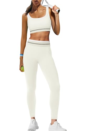 Panadila Womens Yoga Set 2 Piece Outfits Striped Workout Set Gym Matching Sports Bra and High Waist Leggings Activewear