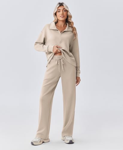 PINSPARK 2 Piece Sets for Women 1/2 Zip Sweatsuit Loose Fit Sweatshirt Straight Leg Pants 2025 Matching Outfit Fall Tracksuit