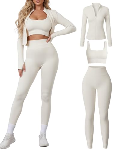 Simlakey Women 3 Piece Seamless Workout Set Sports Bra High Waisted Gym Yoga Leggings Zip Up Jacket with Thumbhole Activewear