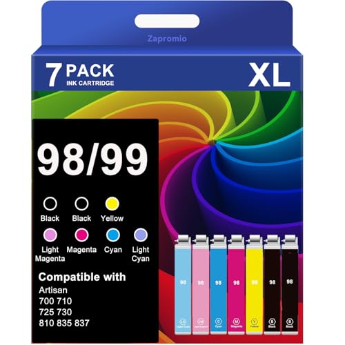 Zapromio 7-Pack 98 99 Ink Cartridge Remanufactured for Epson T098 T099 Ink Combo for Artisan 700 710 725 730 800 810 835 8...