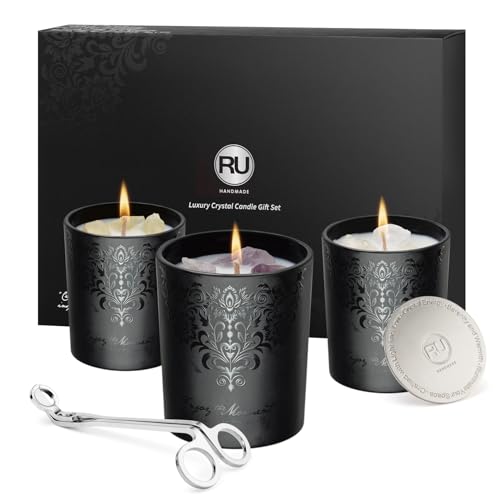 Luxury Black Scented Candles Gift Set for Men – 3×7oz Soy & Beeswax Crystal Candles with Wick Trimmer & Snuffer, Masculine...
