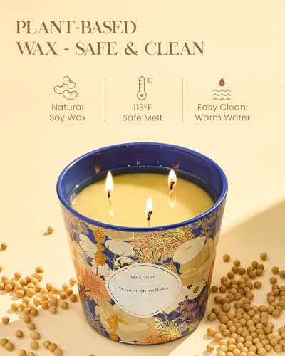 M&SENSE Winter Snow Flake Scented Candle, 28.2oz 3 Wick Natural Soy Wax Large Candles, Long Lasting Clean Slow Burning No ...