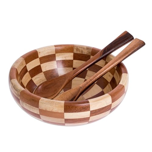 NOVICA Artisan Handmade Mahogany Salad Serving Set Checkerboard Pieced Tropical Wood Bowl Spoons Brown Guatemala Tableware...